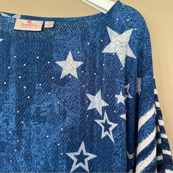 SOLD Quacker Factory Poncho Top 1X American Flag Red White Blue Stars Stripes Pa - Picture 5 of 7
